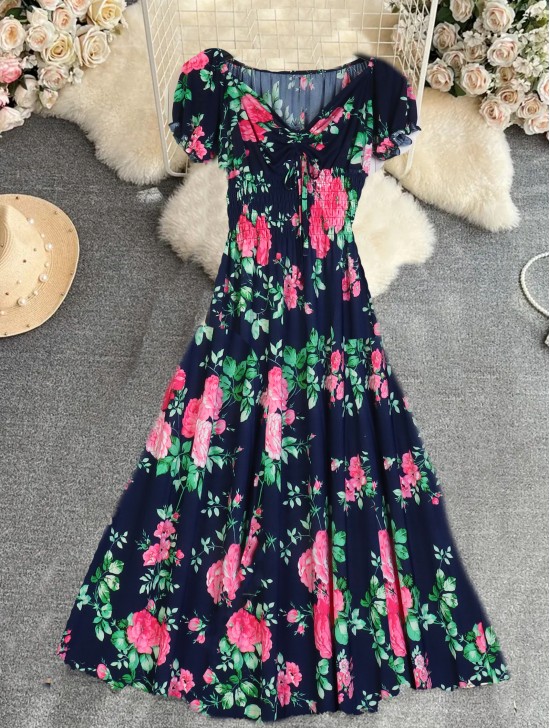 Floral V -Neck Short Sleeved Summer Dress